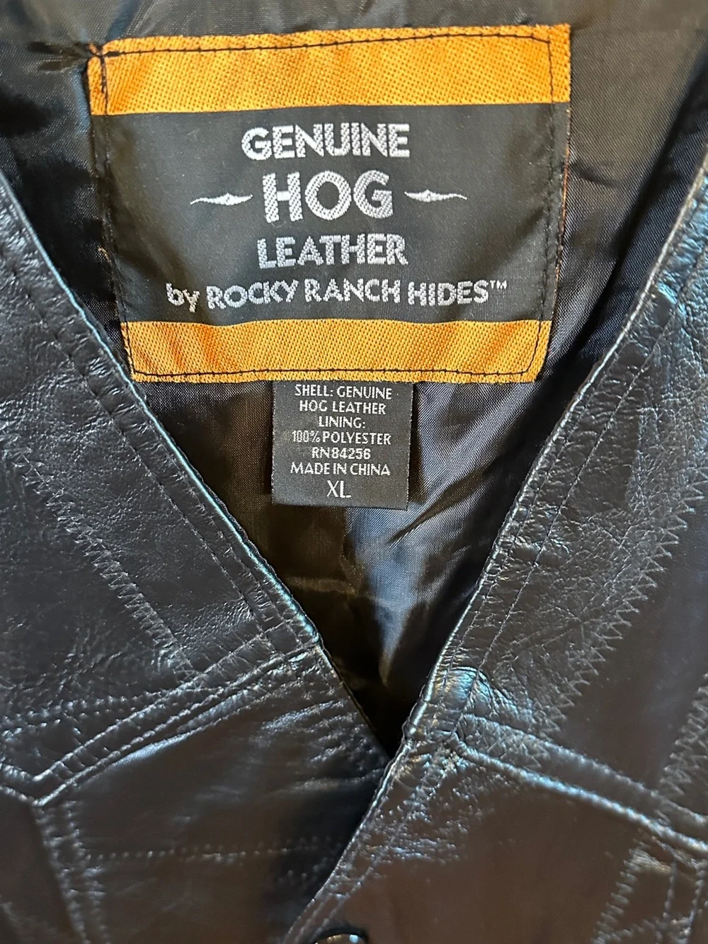 Rocky Ranch Hides Genuine Hog Leather Biker Vest featuring a patchwork design.